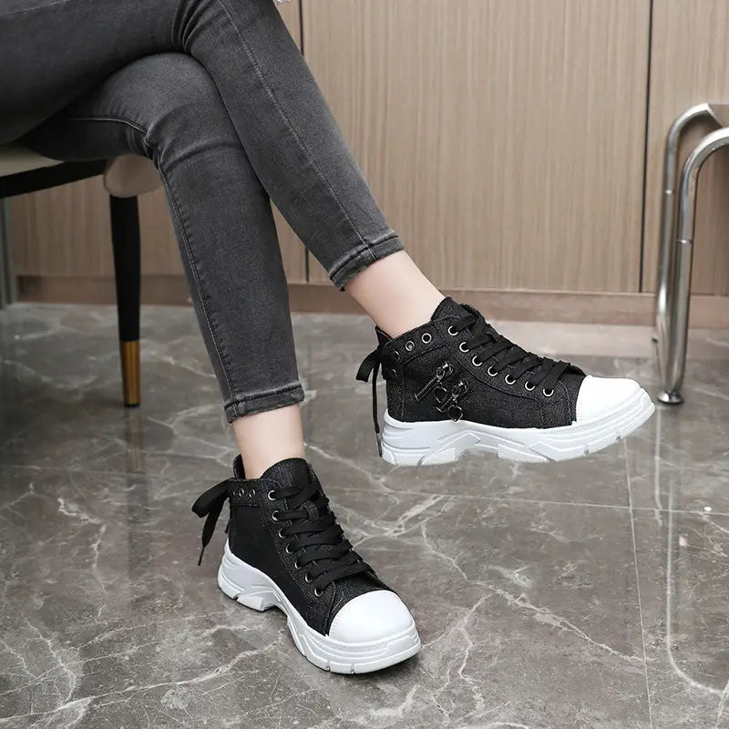Women's Sneakers with Platform, Raised Sole, Front Lacing, and Side Zip