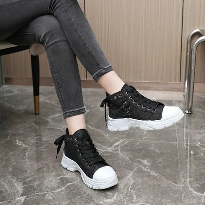 Women's Sneakers with Platform, Raised Sole, Front Lacing, and Side Zip