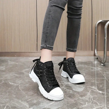 Women's Sneakers with Platform, Raised Sole, Front Lacing, and Side Zip