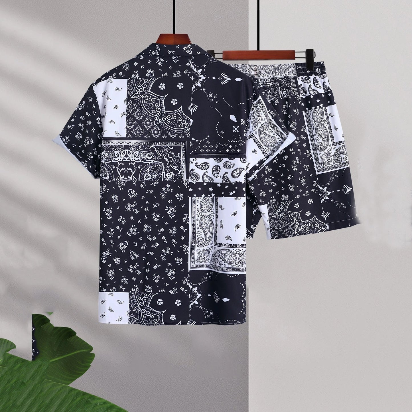 Traje completo de hombre de dos piezas con camisa de manga corta y pantalones cortos – Tejido elástico