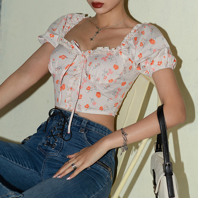 Women's Slim Fit Short Top with U-Neck and Floral Print – Casual Crop Top