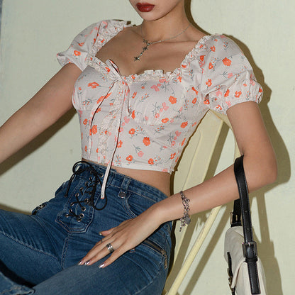 Women's Slim Fit Short Top with U-Neck and Floral Print – Casual Crop Top