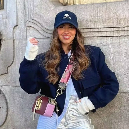 Chaqueta bomber de mujer para otoño con bolsillos delanteros y diseño liso