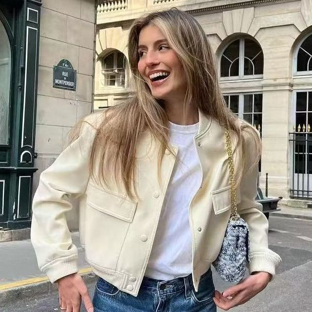 Chaqueta bomber de mujer para otoño con bolsillos delanteros y diseño liso