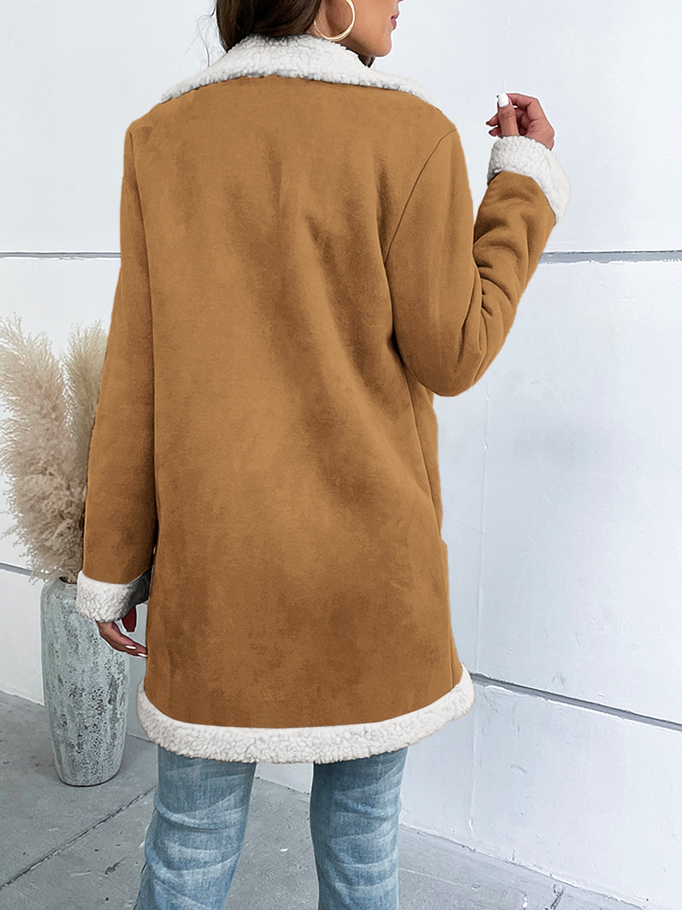 Women's Long Winter Coat with Notched Collar and Suede Effect Finish