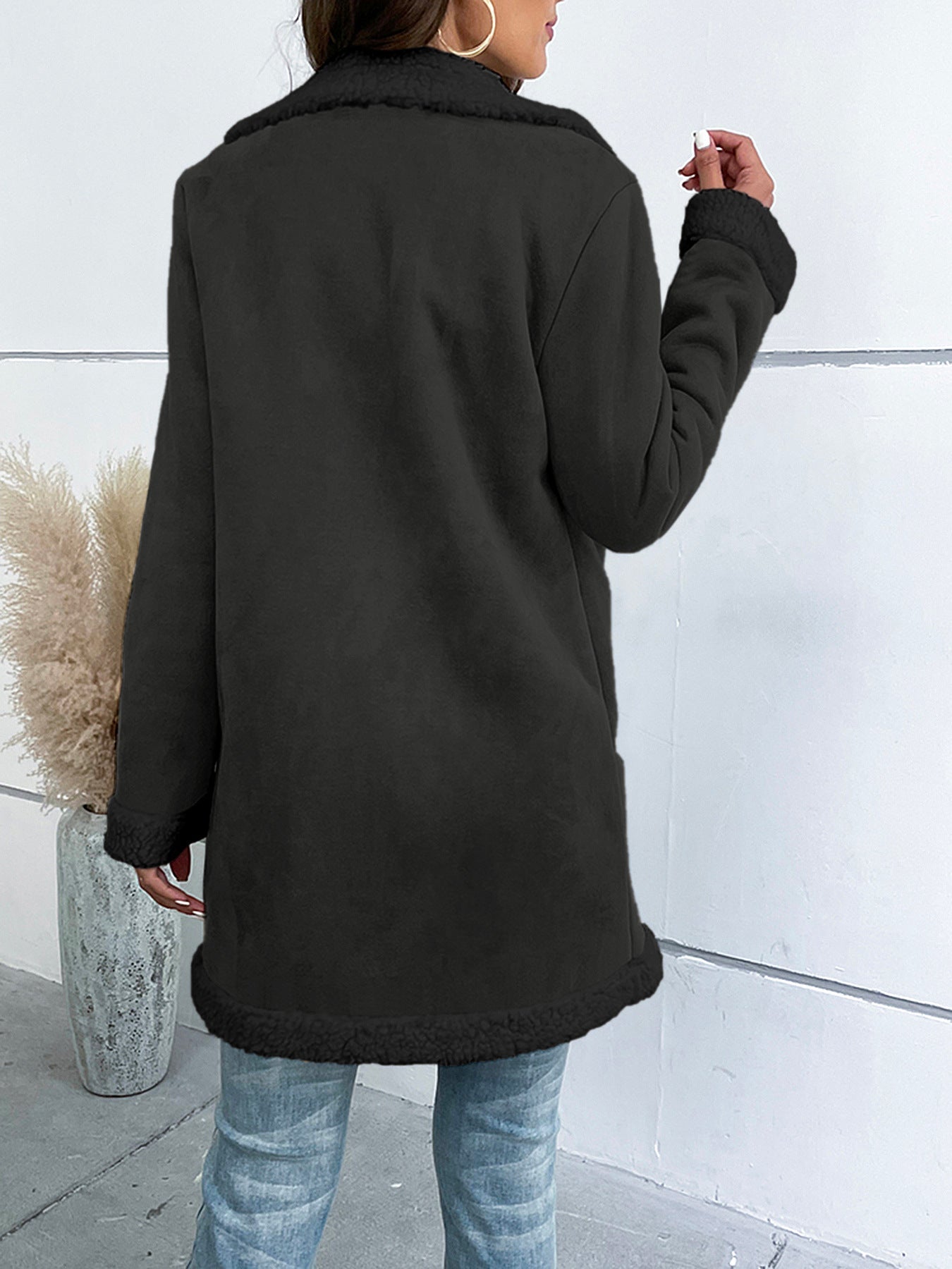Women's Long Winter Coat with Notched Collar and Suede Effect Finish