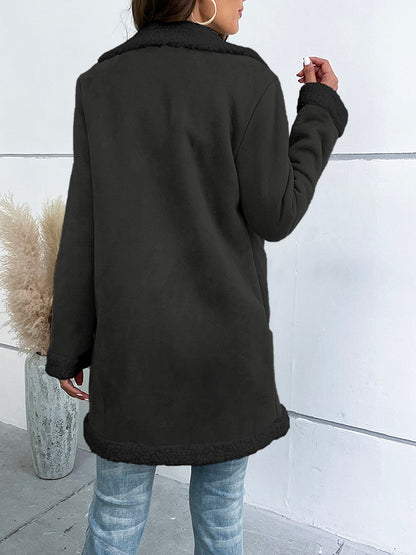 Women's Long Winter Coat with Notched Collar and Suede Effect Finish