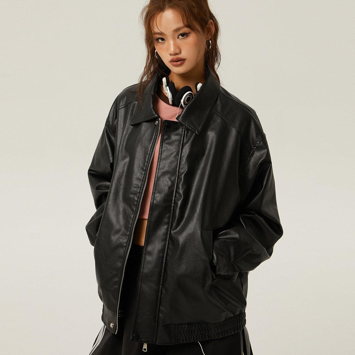 Giacca Da Donna in Pu Con Zip, Colletto a Polo E Finitura Anticata