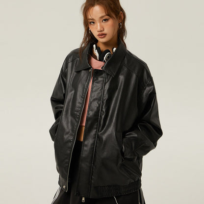 Giacca Da Donna in Pu Con Zip, Colletto a Polo E Finitura Anticata