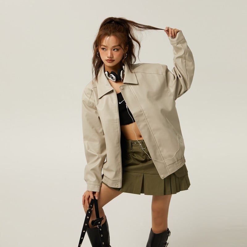 Giacca Da Donna in Pu Con Zip, Colletto a Polo E Finitura Anticata