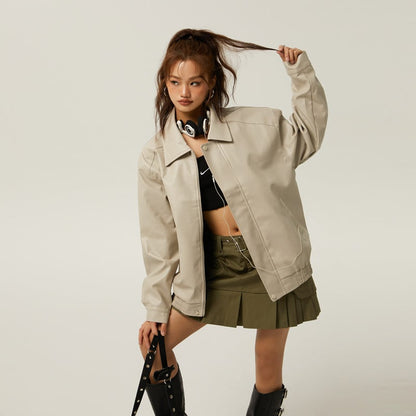 Giacca Da Donna in Pu Con Zip, Colletto a Polo E Finitura Anticata