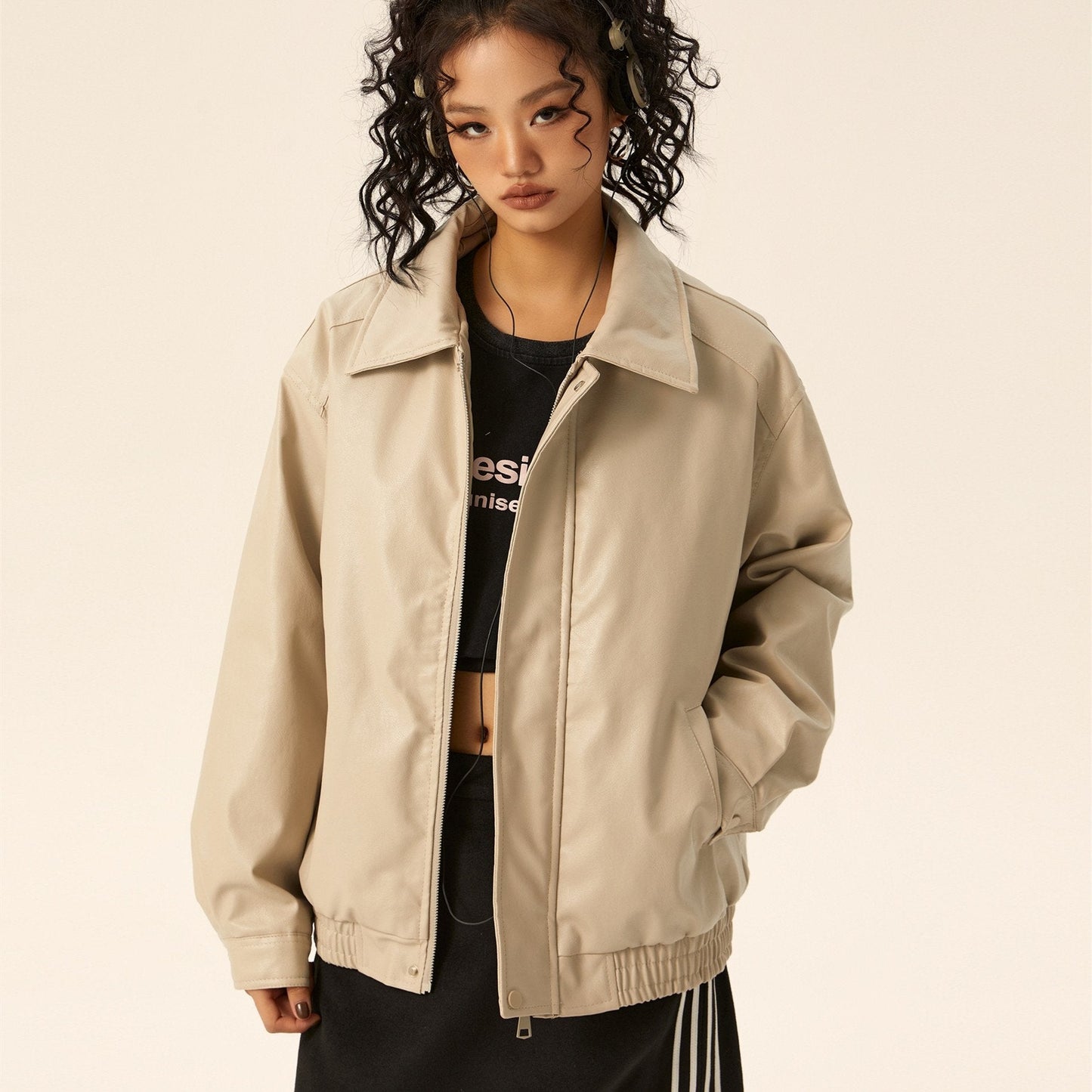 Giacca Da Donna in Pu Con Zip, Colletto a Polo E Finitura Anticata