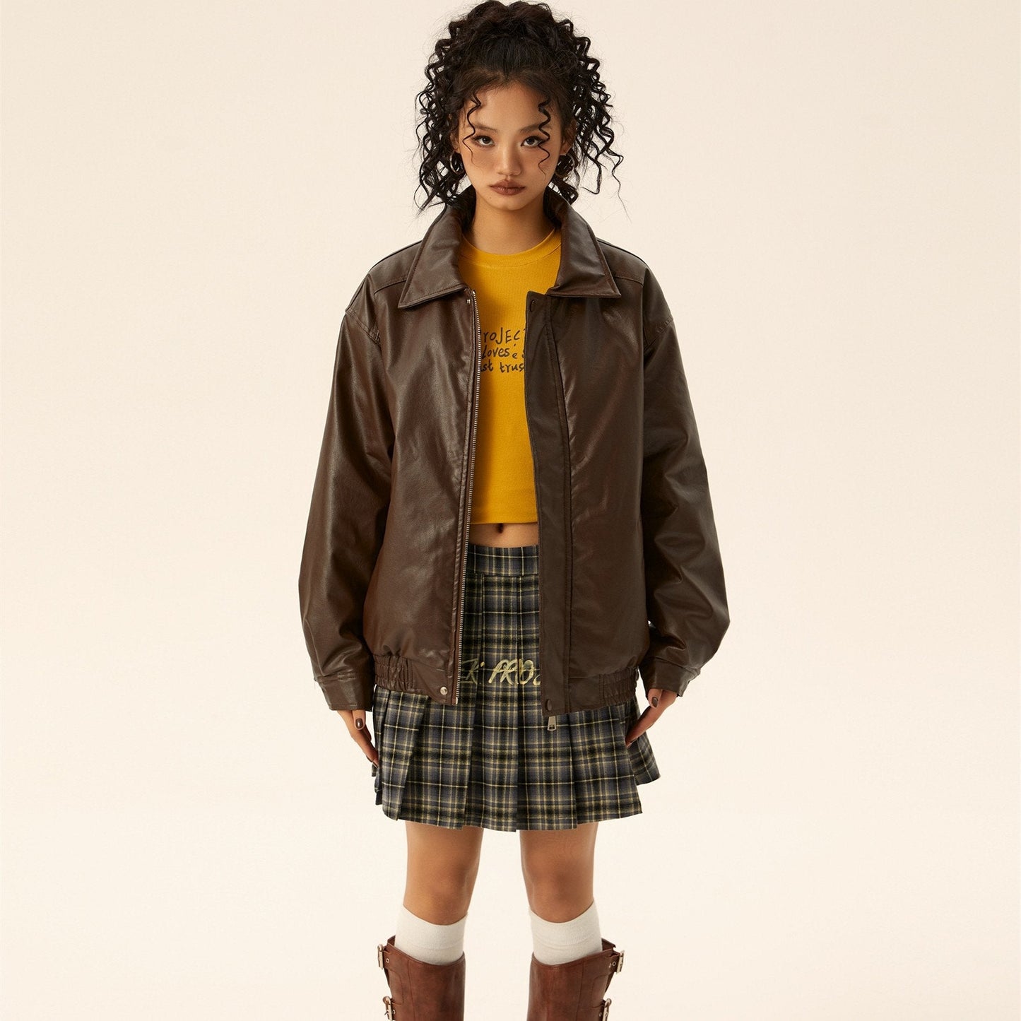 Giacca Da Donna in Pu Con Zip, Colletto a Polo E Finitura Anticata