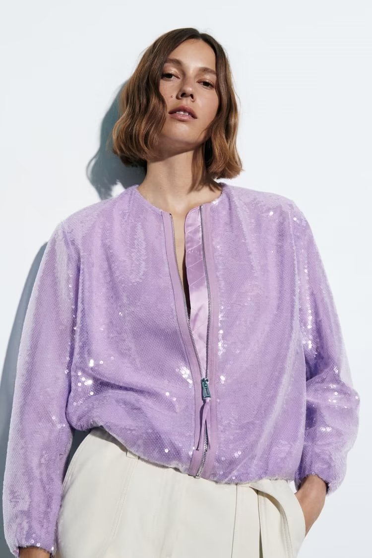 Giacca Bomber Autunnale Da Donna Con Paillettes, Chiusura A Zip E Maniche Lunghe