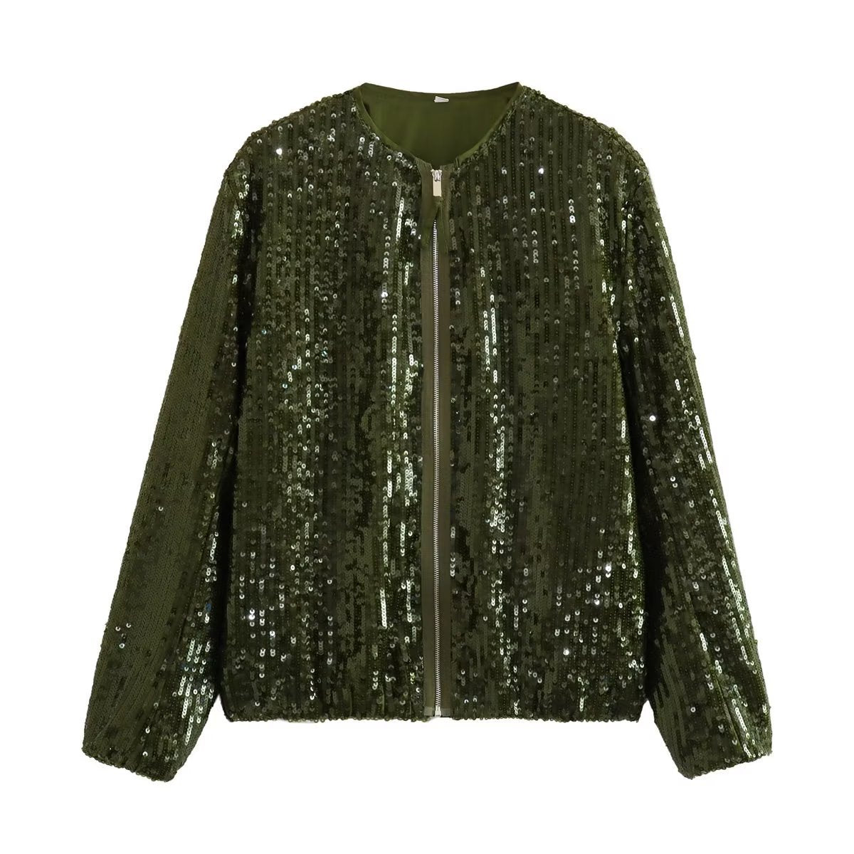 Giacca Bomber Autunnale Da Donna Con Paillettes, Chiusura A Zip E Maniche Lunghe
