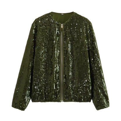 Giacca Bomber Autunnale Da Donna Con Paillettes, Chiusura A Zip E Maniche Lunghe