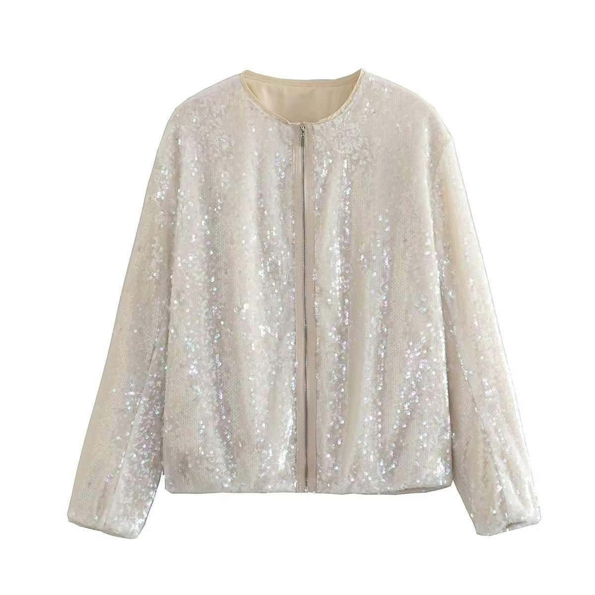 Giacca Bomber Autunnale Da Donna Con Paillettes, Chiusura A Zip E Maniche Lunghe