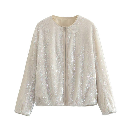 Giacca Bomber Autunnale Da Donna Con Paillettes, Chiusura A Zip E Maniche Lunghe