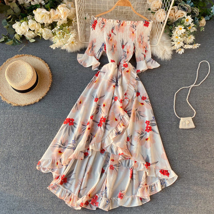 Abito Midi Donna con Spalle Scoperte, Maniche Corte e Volant – Stile Estivo