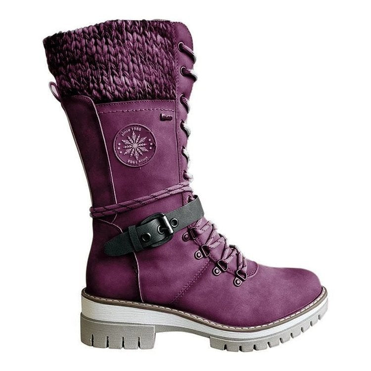 Women's Winter Lace-Up Boots with Rounded Toe, Block Heel, and Buckle.