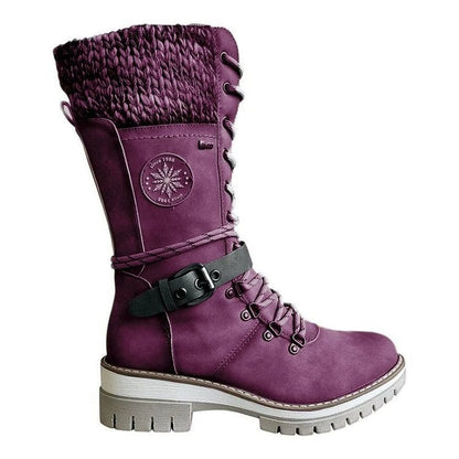 Women's Winter Lace-Up Boots with Rounded Toe, Block Heel, and Buckle.