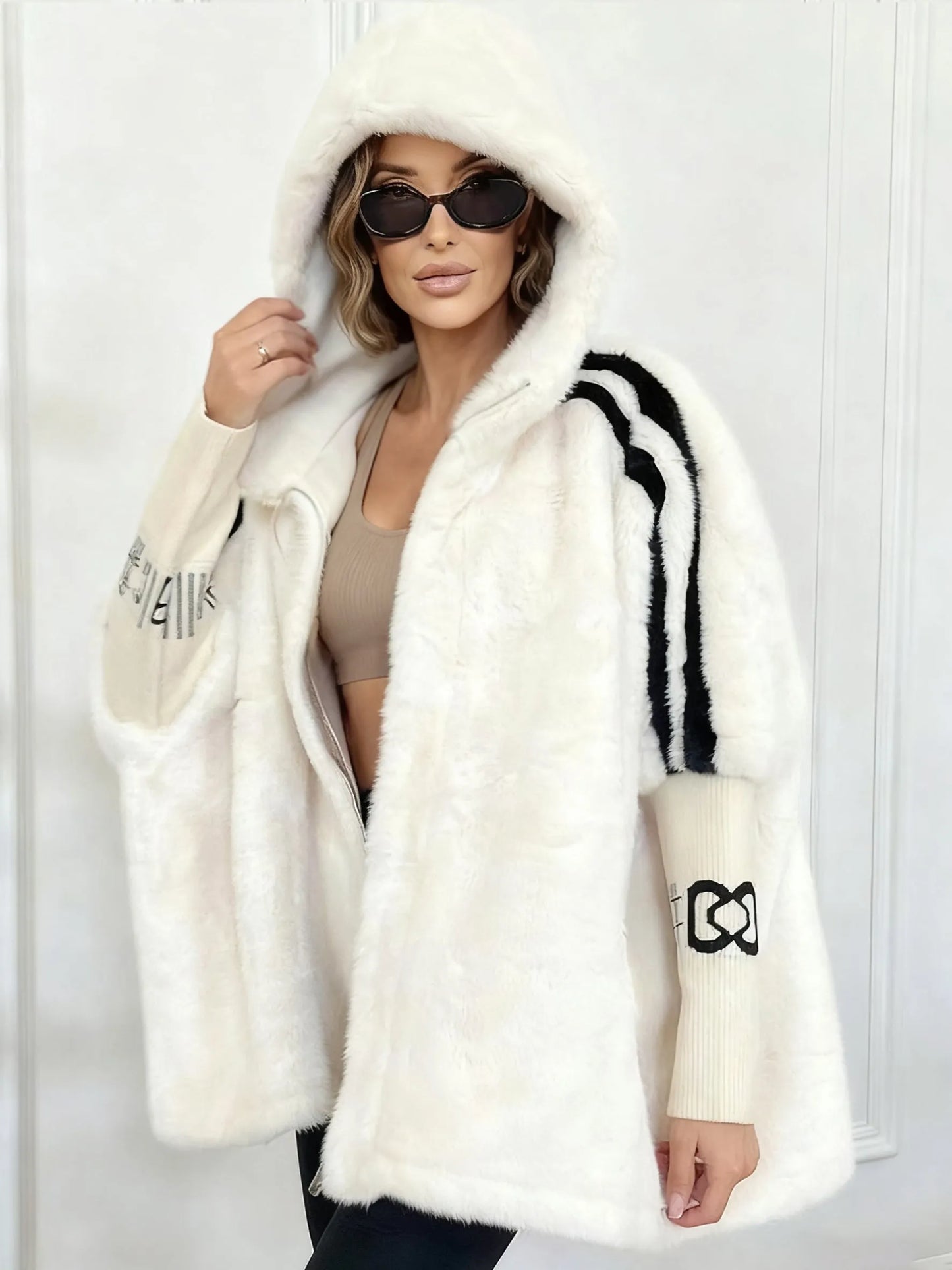 Women's Winter Coat in Eco Fur with Hood and Contrast Details on the Sleeves