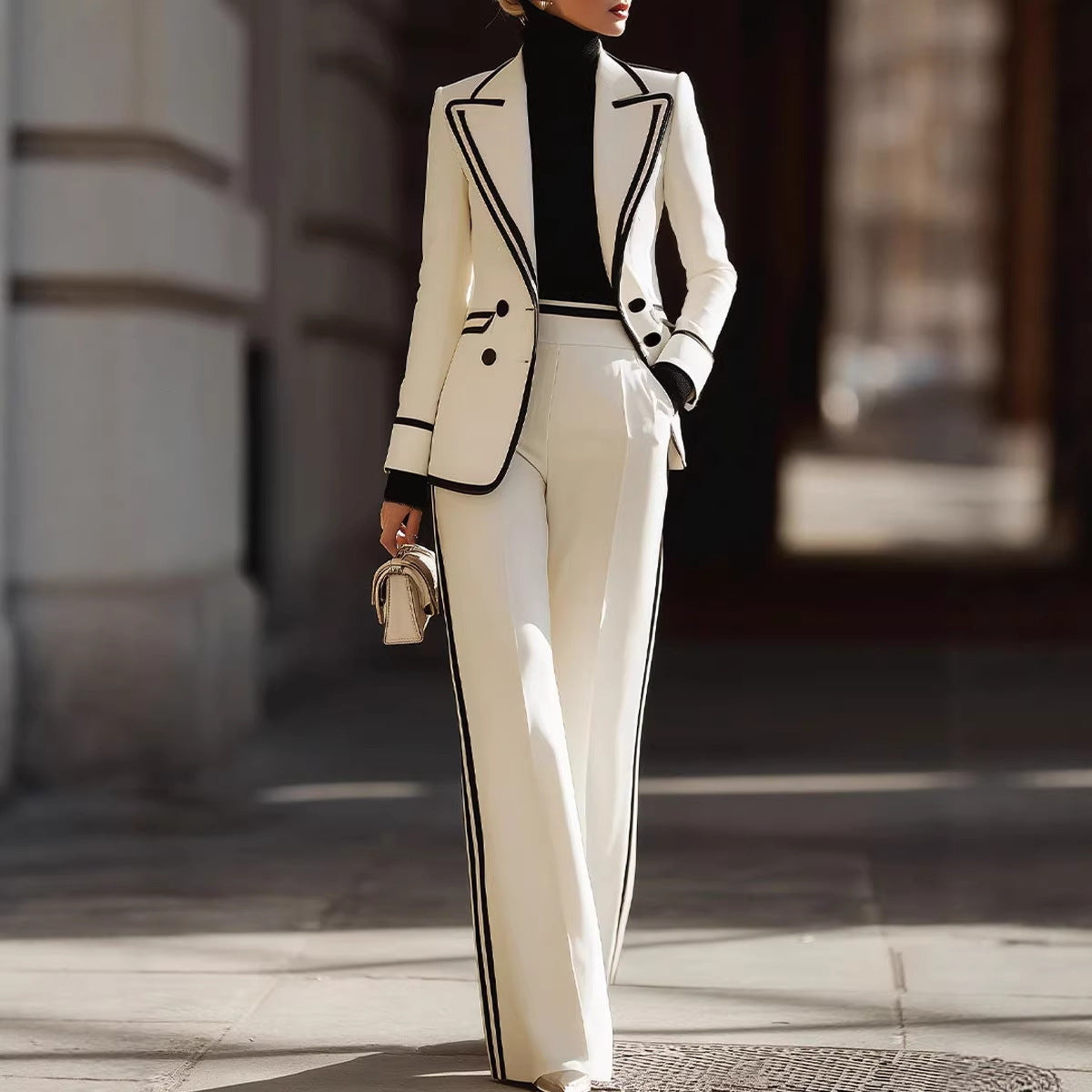 Completo de mujer con blazer cruzado de manga larga y pantalones largos – diseño color block