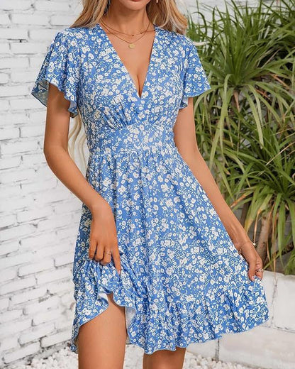 Women’s Floral Summer Mini Dress with V-Neck and Ruffle Sleeves