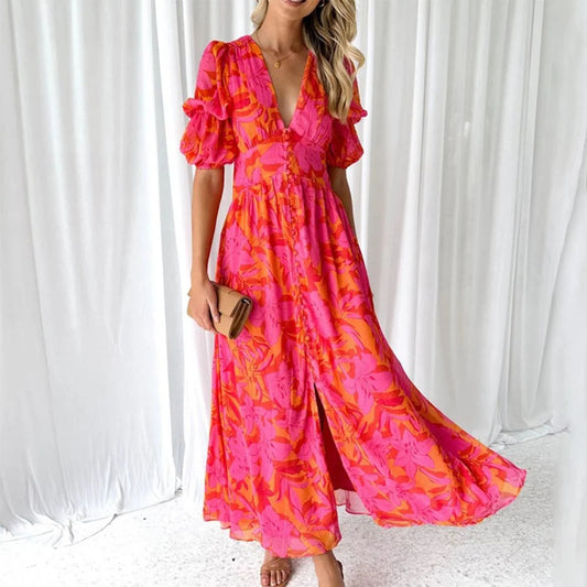 Abito Midi da Donna in Stile Chiffon con Scollo a V, Maniche Corte e Motivo Dipinto a Mano – Misto Poliestere