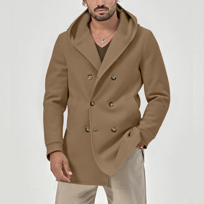 Men's Long Winter Windproof Coat with Hood, Lapel, and Double-Breasted Closure