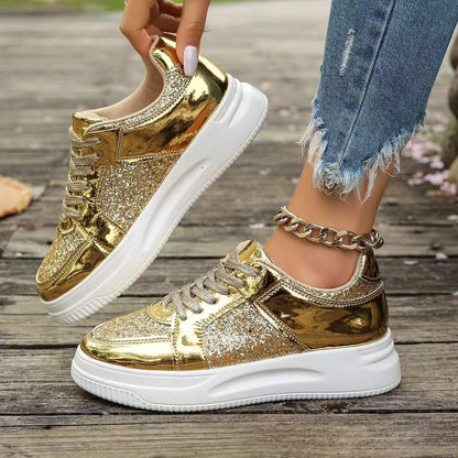 Sneakers da Donna con Lacci, Paillettes e Suola Piatta Spessa