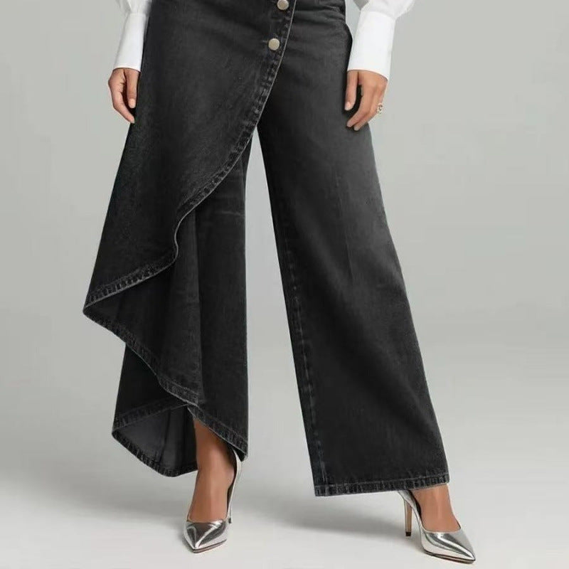 Falda pantalón vaquera de mujer, de denim lavado y cierre de botones