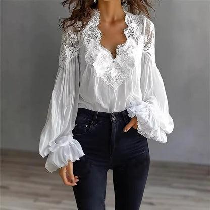 Women's Long Sleeve Shirt with Lace Insert and Ruffles on the Shoulders