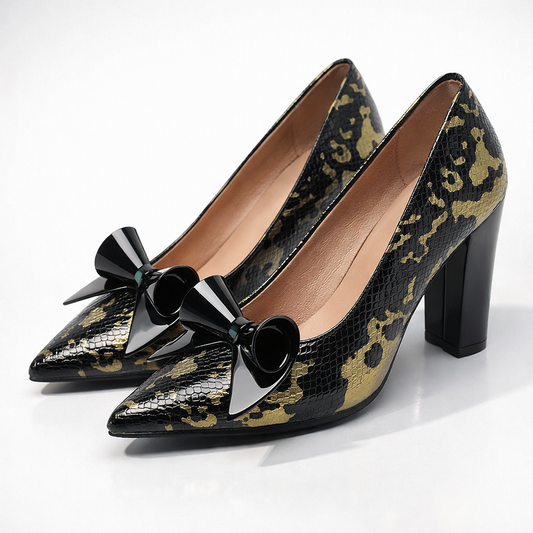 Women's Pointed Toe Pumps with Glossy Crocodile Upper and Wide Heel – Elegant Shoes
