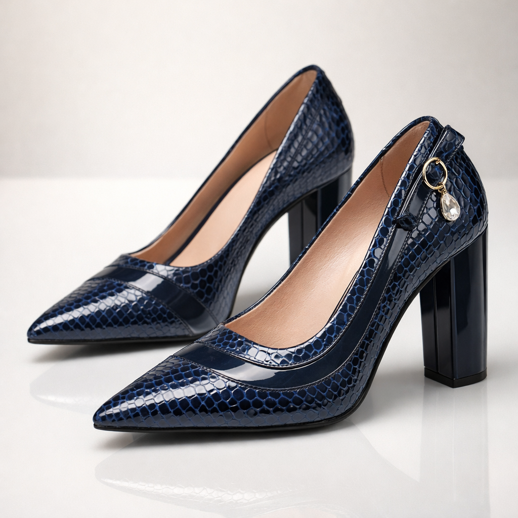 Women's Pointed Toe Pumps with Glossy Crocodile Effect and Wide Heel – Elegant Shoes