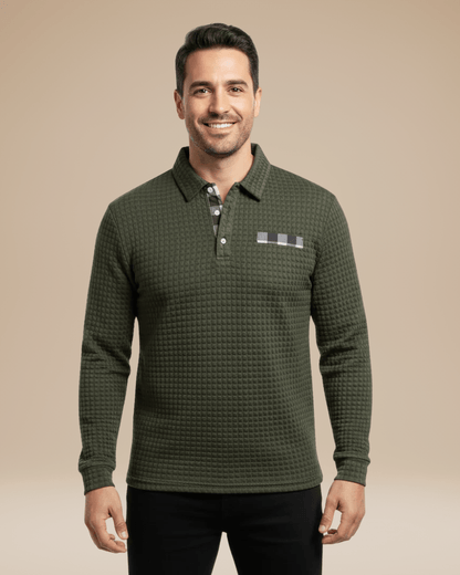 Polo de hombre de punto tipo panal con escote abotonado y mangas largas