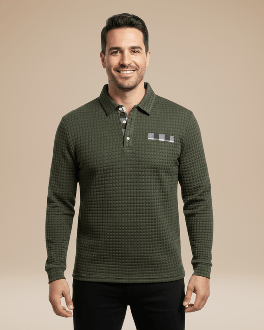 Poloshirt til mænd i vaffelstrik med knaplukning i halsen og lange ærmer