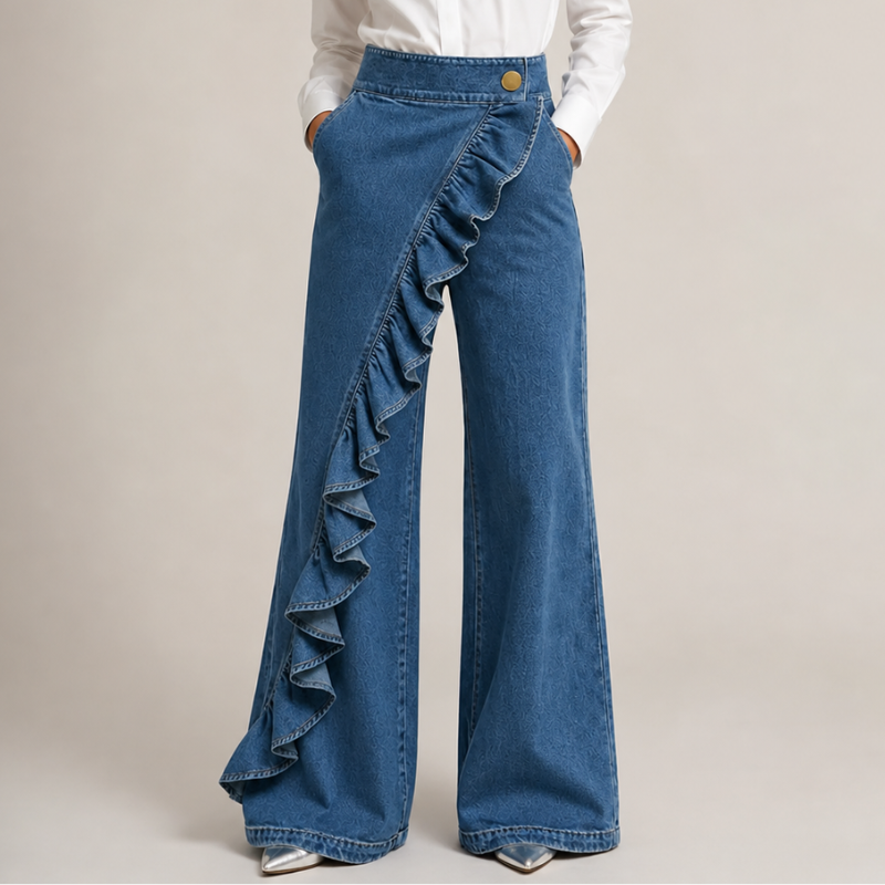 Pantaloni Gonna Donna a Vita Alta con Volant e Gamba Larga – Stile Elegante Casual