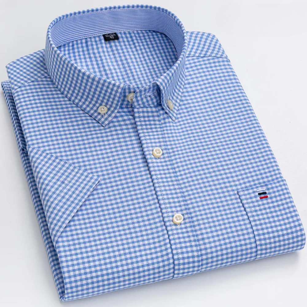 Camicia uomo a quadretti blu e bianchi, maniche lunghe, colletto button-down, logo ricamato, stile casual elegante, cotone di alta qualità.