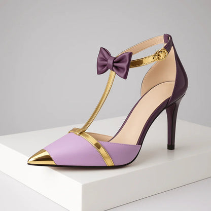 Décolleté Donna con Tacco a Stiletto, Punta Affusolata, Cinturino T-Bar e Fiocco – Dettagli Oro