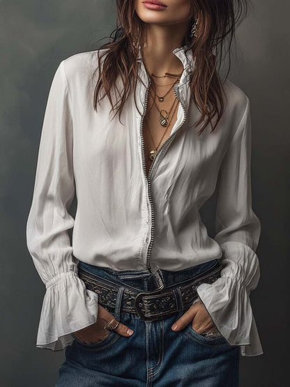 Women's Blouse with Zip Closure, Convertible Neckline, and Ruffled Cuffs – Cotton Style