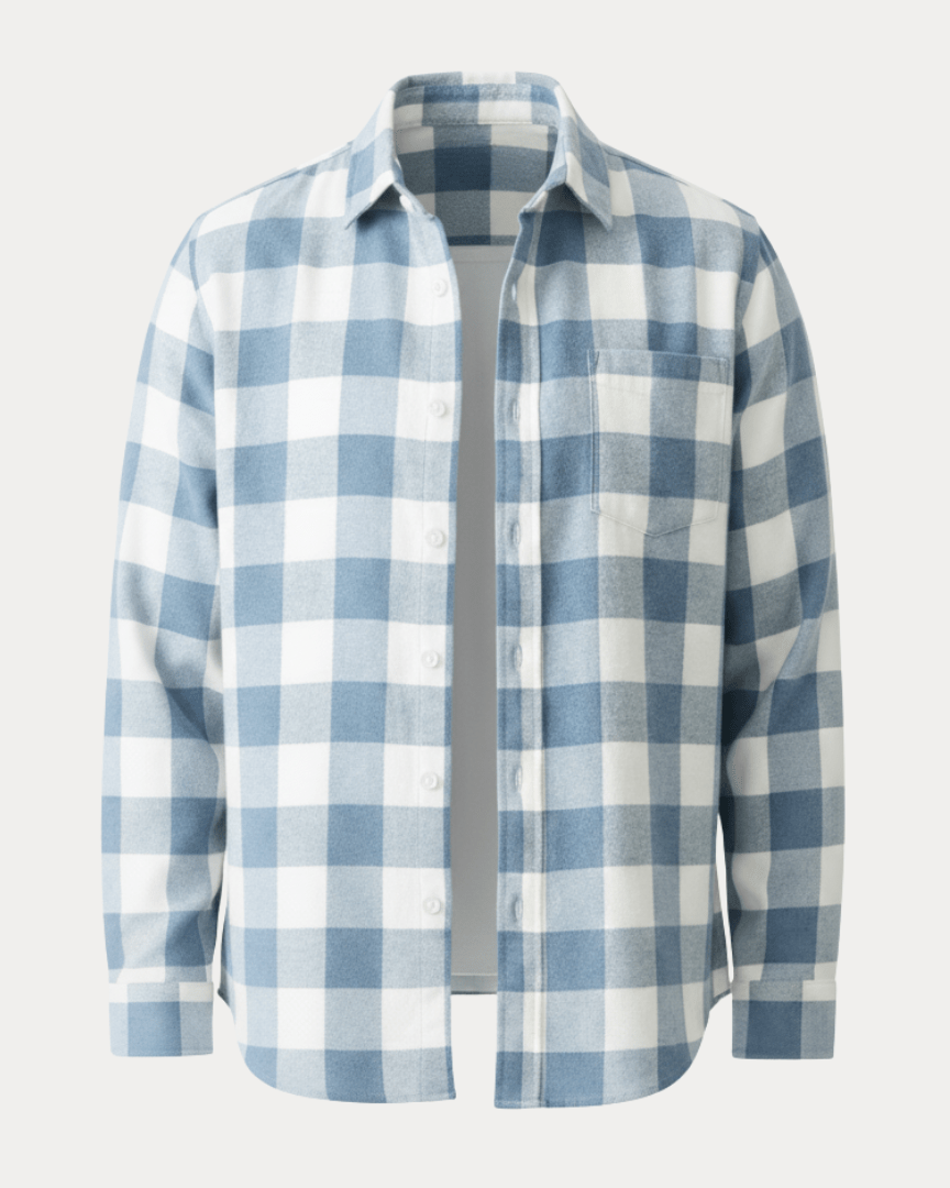 Camisa de hombre a cuadros con botones, corte cómodo, cuello con solapas y mangas largas.