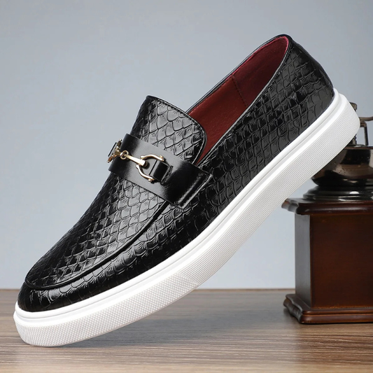 Men's Moccasins in Embossed Faux Leather with Snake Effect and Metal Buckle