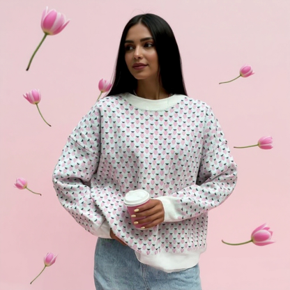 Maglione Donna Oversize con Stampa Fragole e Girocollo – Stile Casual
