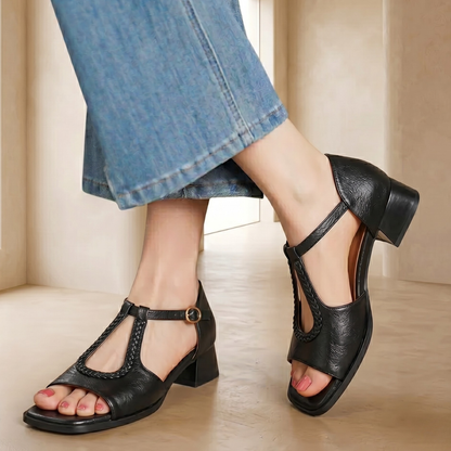 Women's Sandals with Wide Heel, Braided T-Strap and Padded Insole – Elegant Sandals
