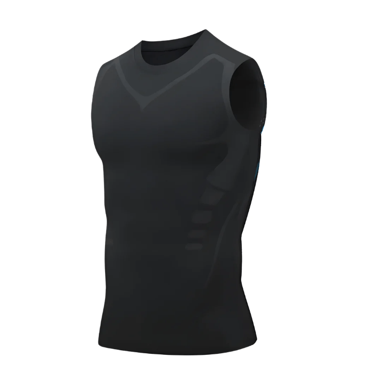 Canotta sportiva nera senza maniche, design aderente, ideale per allenamento e fitness. Tessuto traspirante, perfetta per palestra e attività fisica.