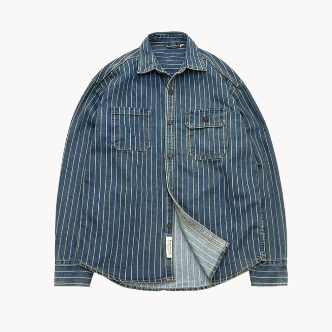 Men's Striped Denim-Style Shirt, Comfortable Fit, Button Closure and Chest Pocket.