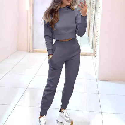 Women's Two-Piece Set with Cropped Sweater and Elastic Waist Pants