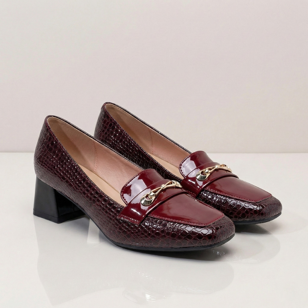 Décolleté Donna Punta Quadrata Tomaia Effetto Coccodrillo Vernice Lucida Tacco Largo – Scarpe Eleganti