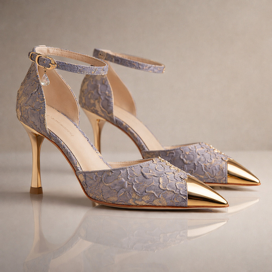Women's Pointed Toe Pumps with Metal Tip, Stiletto Heel, Ankle Strap – Elegant Style